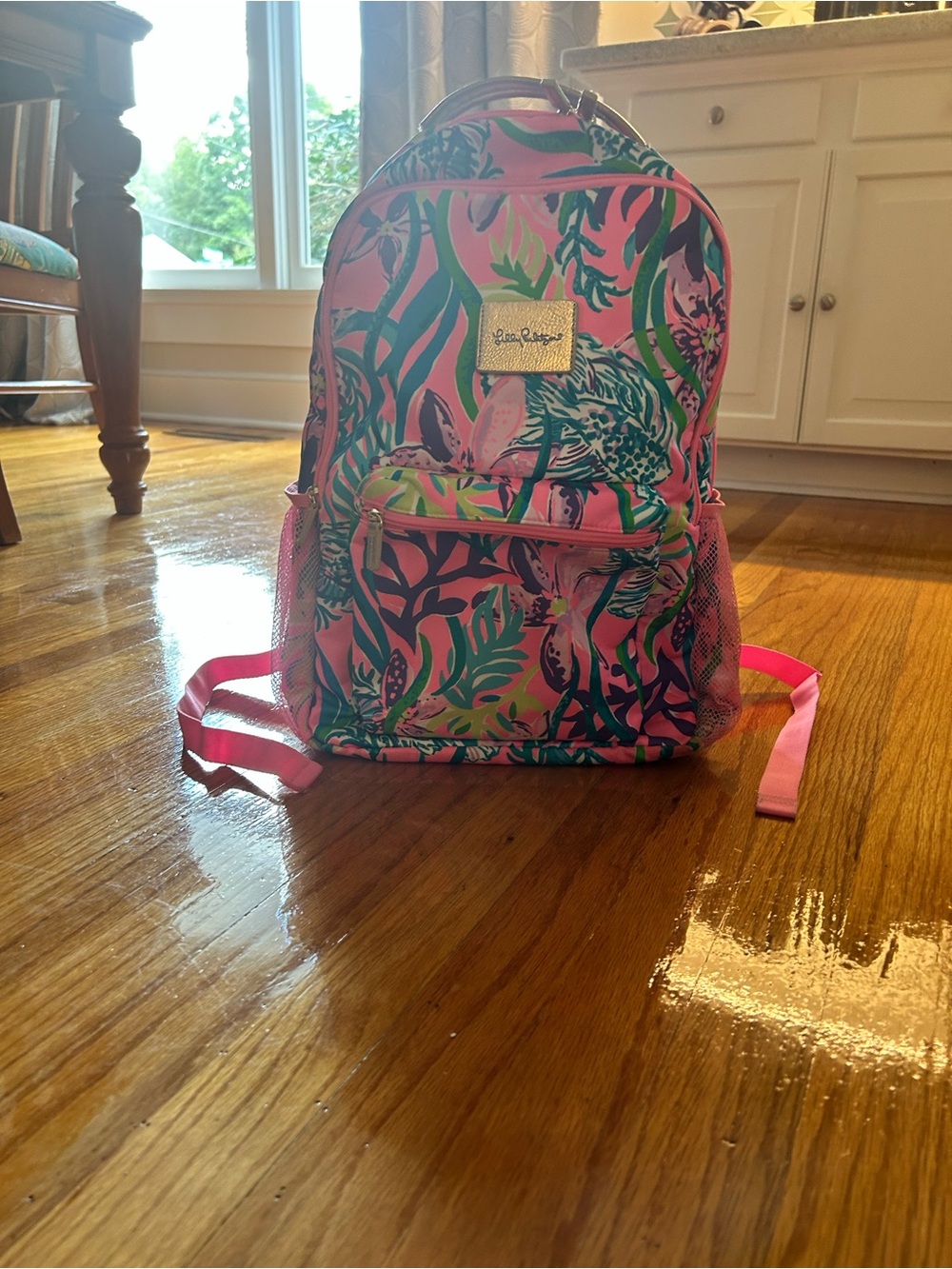 Lilly Pulitzer Pink Tropical Print Kids Backpack with Green & Blue Foliage